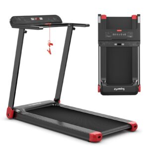 GYMAX Folding Treadmill, Smart APP Control Running Machine with LCD Monitor & Adjustable Device Holder, Portable Treadmill for Home Gym Small Apartment (Red)