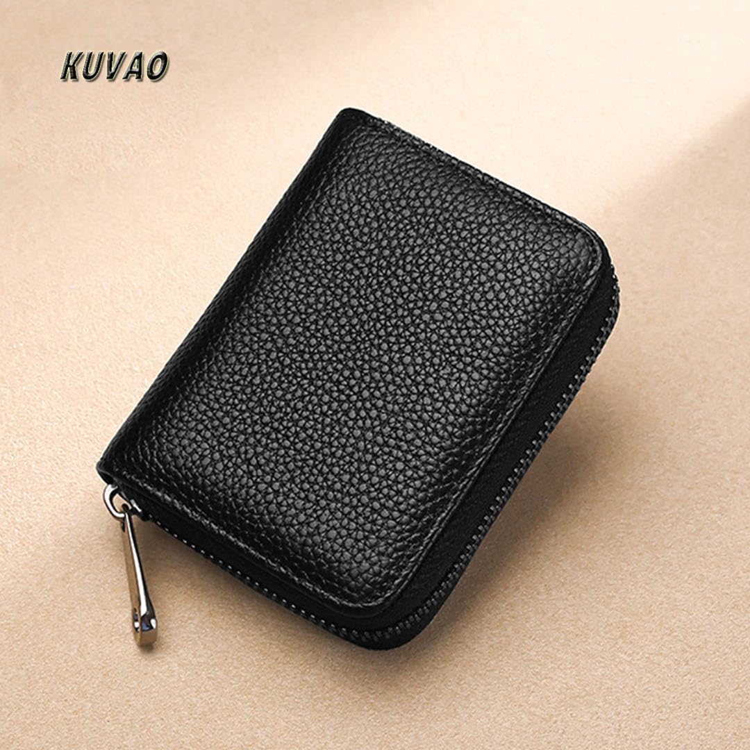 KUVAO RFID Blocking, Leather Credit Card Holder Zipper Wallet With 20 Card Slots, Small Card Case for Women or Men Accordion Wallet with Zipper (Blcak)