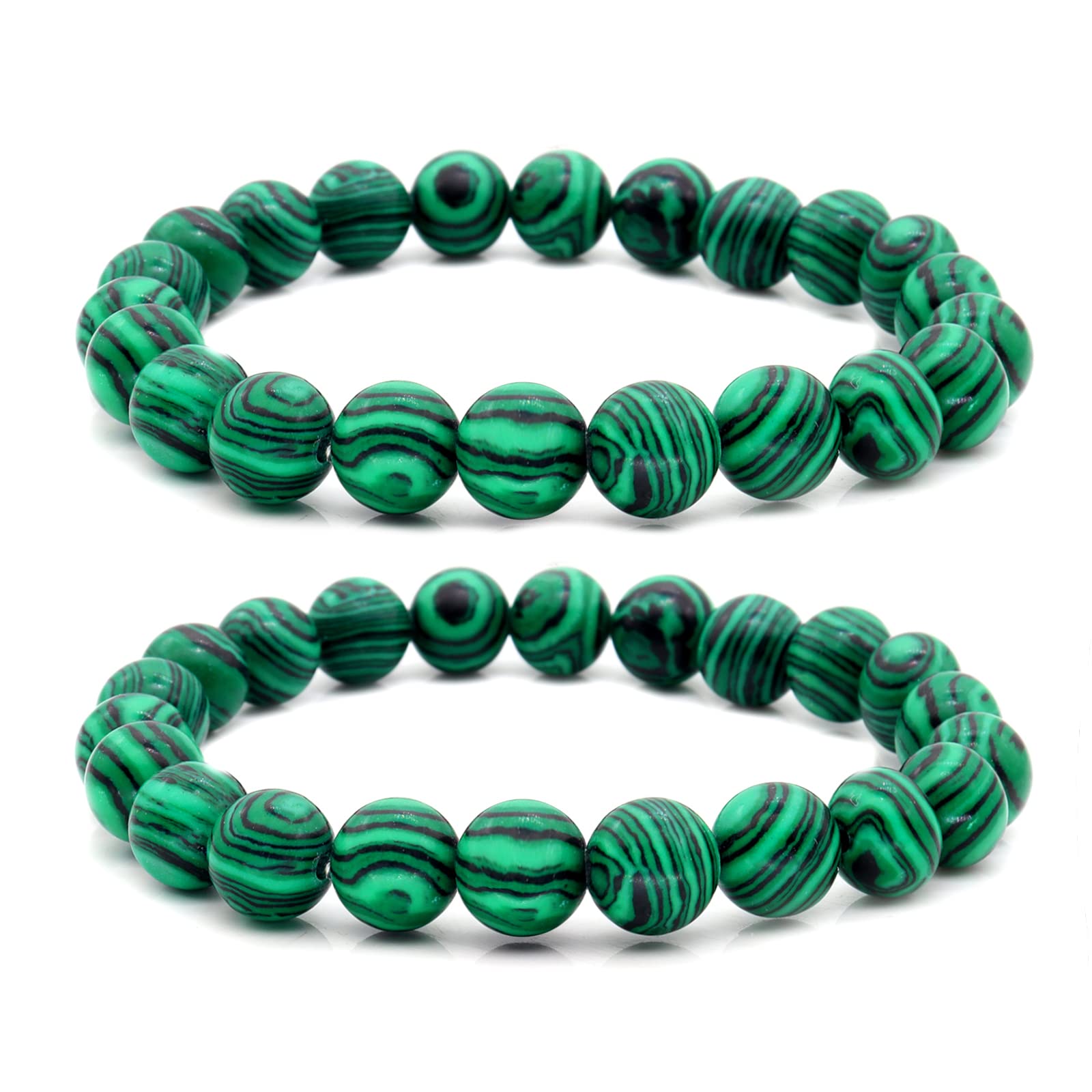 HUJUON 2Pcs Natural Malachite Bracelet Set,Handmade Gemstone Malachite Stone Beaded Stretch Bracelets Yoga Natural Stone Beads Bracelet for Women Men (2Pcs)