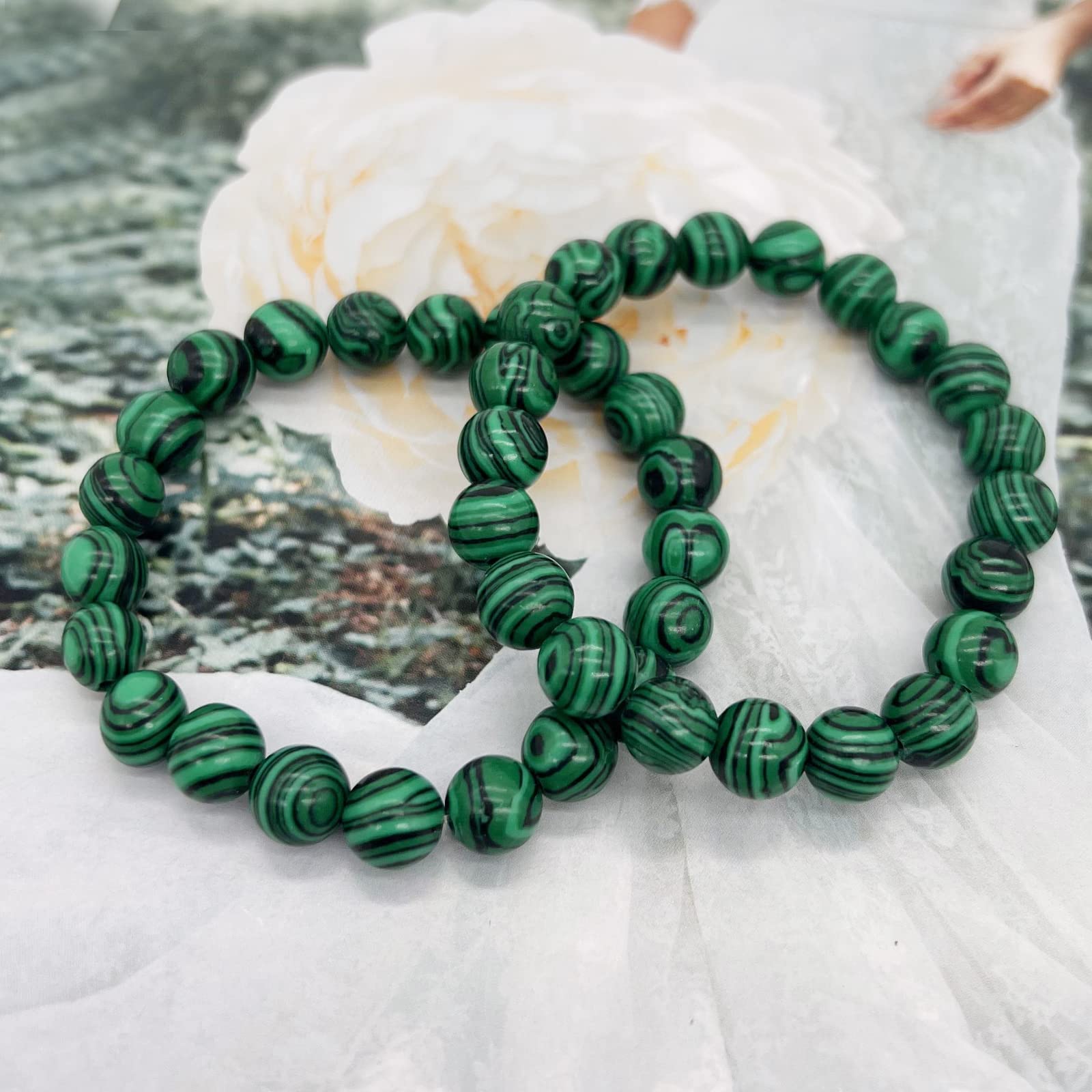 HUJUON 2Pcs Natural Malachite Bracelet Set,Handmade Gemstone Malachite Stone Beaded Stretch Bracelets Yoga Natural Stone Beads Bracelet for Women Men (2Pcs)