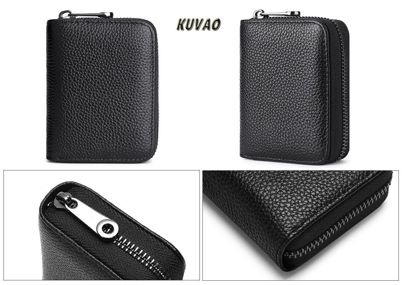 KUVAO RFID Blocking, Leather Credit Card Holder Zipper Wallet With 20 Card Slots, Small Card Case for Women or Men Accordion Wallet with Zipper (Blcak)