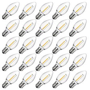 meconard c7 led replacement christmas light bulb, 25 pack c7 shatterproof led bulbs for christmas outdoor string lights, e12 candelabra base, commercial grade holiday bulbs, warm white