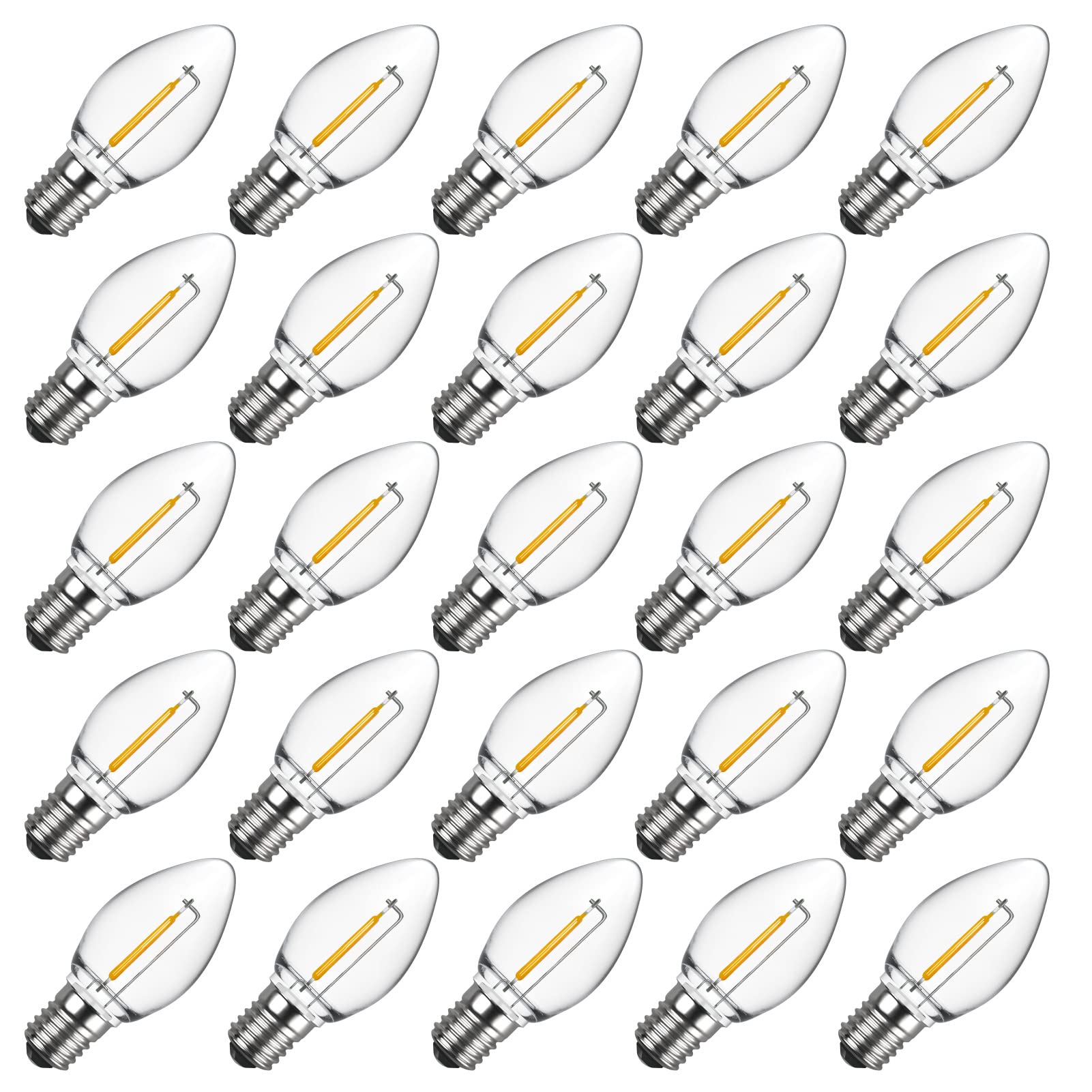 Meconard C7 Led Replacement Christmas Light Bulb, 25 Pack C7 Shatterproof Led Bulbs for Christmas Outdoor String Lights, E12 Candelabra Base, Commercial Grade Holiday Bulbs, Warm White