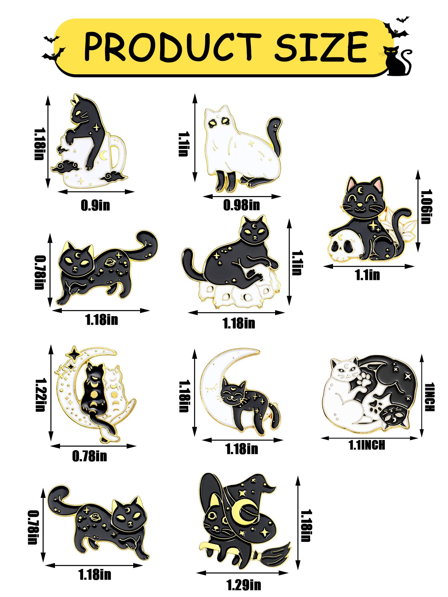 10 Pieces Cat Pins Cute Brooch Pin Set Kawaii Cat Backpack Pin Black Cat Book Brooch Gothic Aesthetic Cat Buttons for Backpacks Clothing Bags Lapel Jackets for Women Men DIY Presents