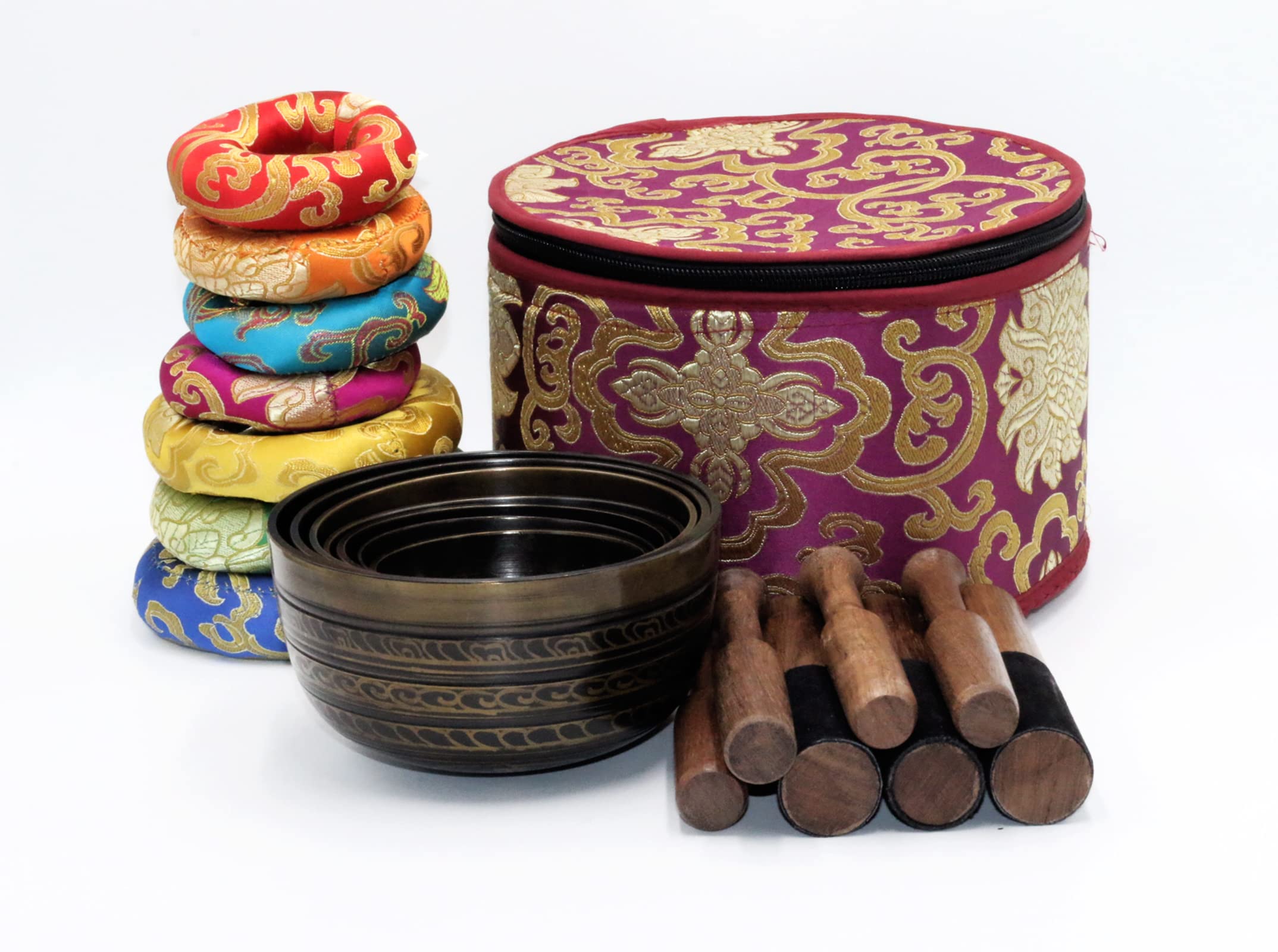 SANSKAR NEPAL Tibetan Singing Bowl Set of 7 High Sided Black with Carry Box | Bells for Meditation and Yoga | Sound Therapy Instruments | Singing Bowl Set for Chakra Healing