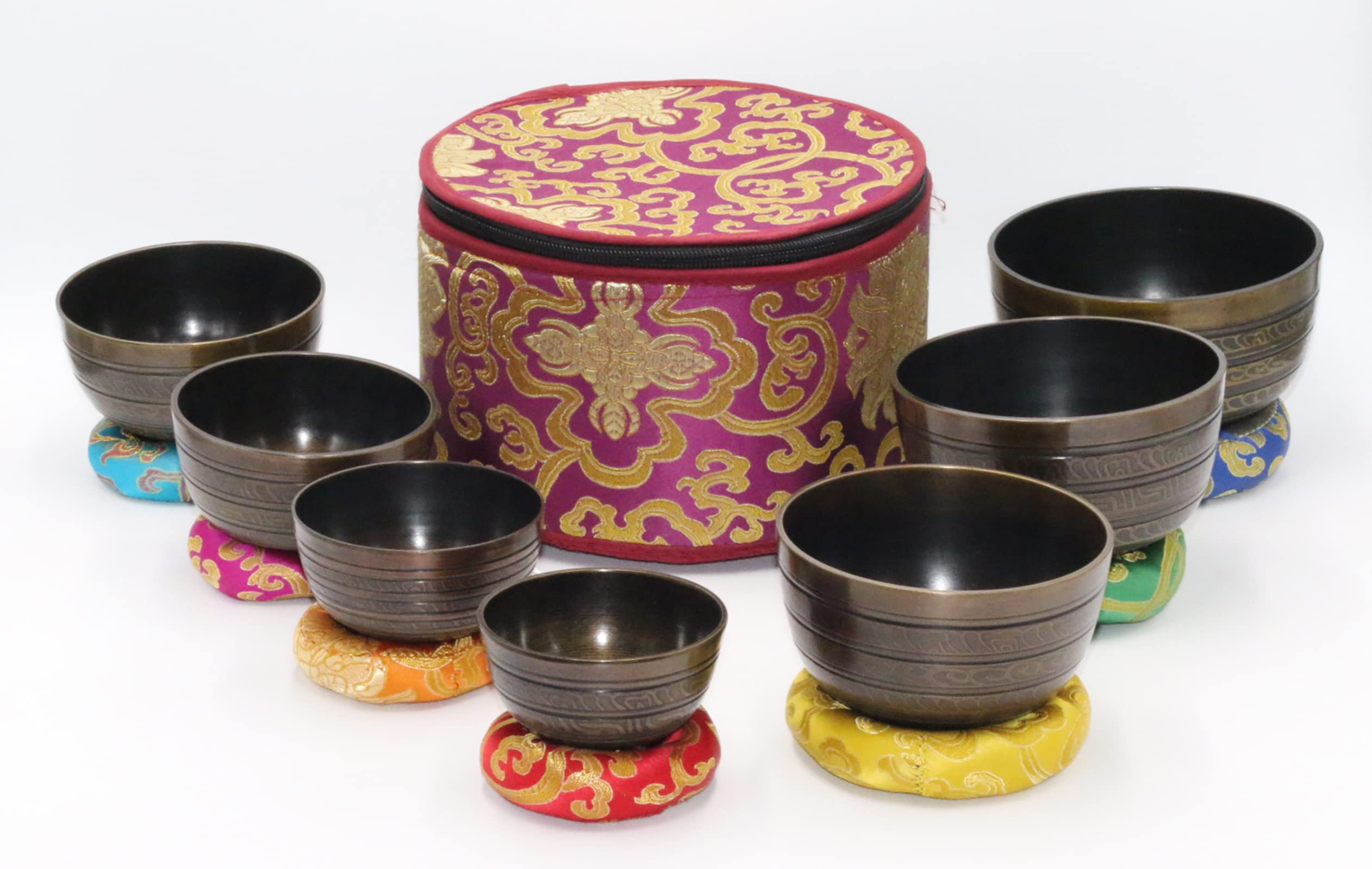 SANSKAR NEPAL Tibetan Singing Bowl Set of 7 High Sided Black with Carry Box | Bells for Meditation and Yoga | Sound Therapy Instruments | Singing Bowl Set for Chakra Healing