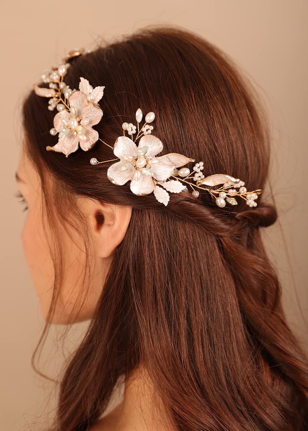 Kercisbeauty Wedding Bridal Gold Headband Women and Girls Flower Hair Piece for Special Occasion Photo Shoot Hair Vine Jewelry