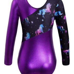 Fldy Kids Girls Shiny Metallic Gymnastics Leotards Long Sleeves Sparkly Ballet Dance Costumes One Piece Bodysuit Dancewear Purple 14 Years