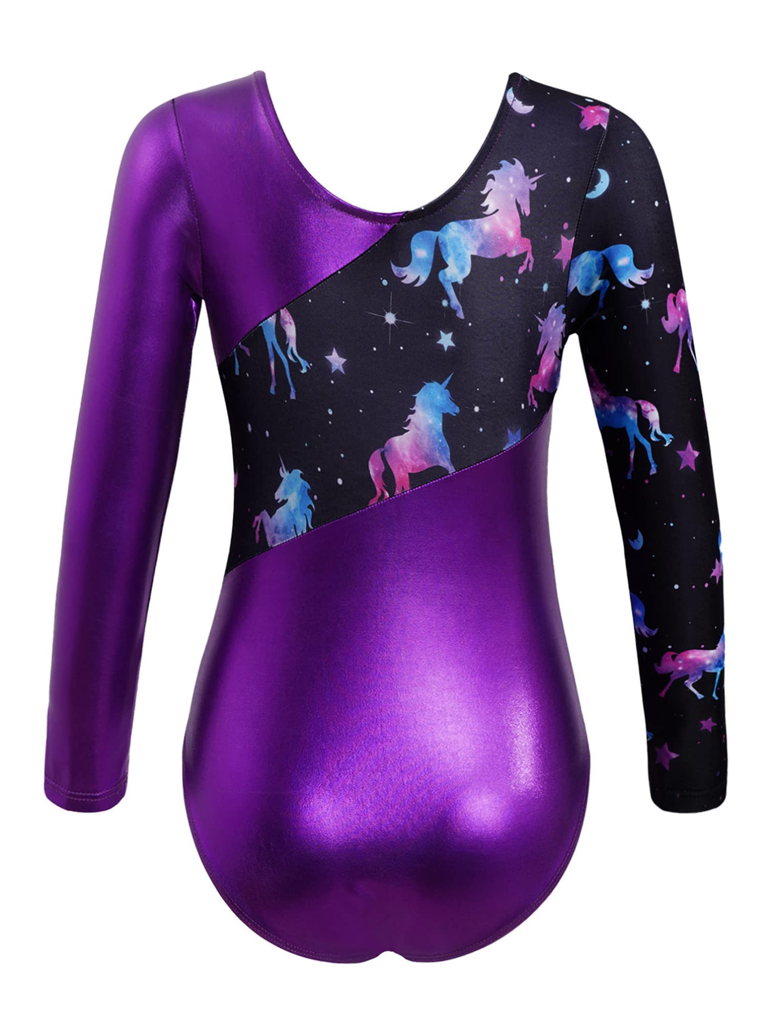 Fldy Kids Girls Shiny Metallic Gymnastics Leotards Long Sleeves Sparkly Ballet Dance Costumes One Piece Bodysuit Dancewear Purple 14 Years