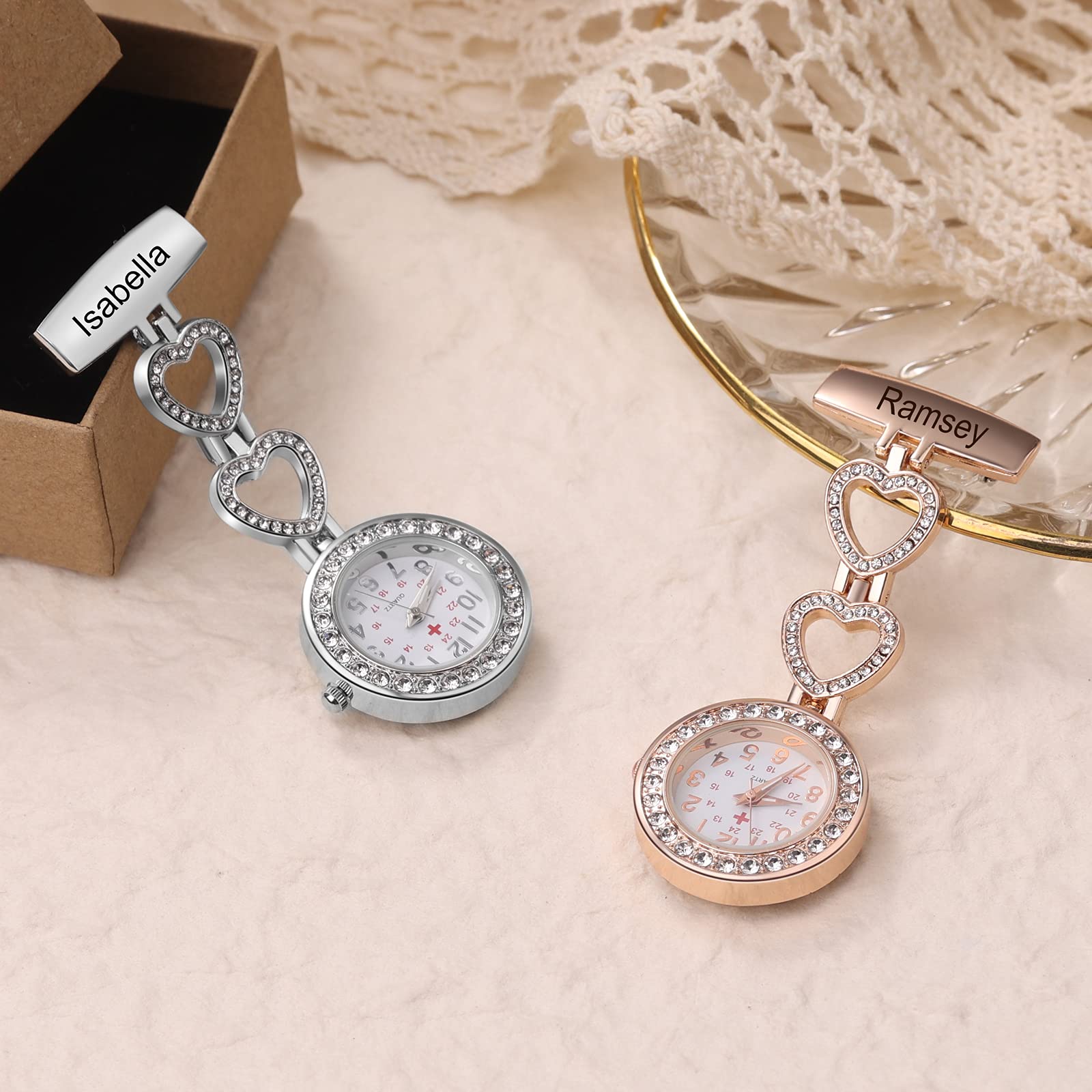 Nurse Watches for Nurses Doctors, Custom Nurse Watches Hanging Engraved Name Lapel Pin Watch on Nursing Watch, Personalized Nurses Pocket Watches for Graduation Birthday Valentine's Day Mothers Day (Rose gold 2)