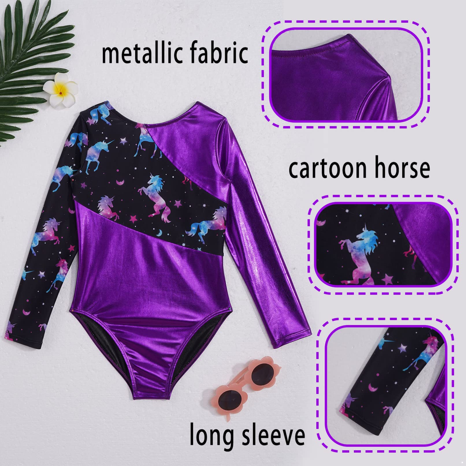 Fldy Kids Girls Shiny Metallic Gymnastics Leotards Long Sleeves Sparkly Ballet Dance Costumes One Piece Bodysuit Dancewear Purple 14 Years