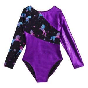 Fldy Kids Girls Shiny Metallic Gymnastics Leotards Long Sleeves Sparkly Ballet Dance Costumes One Piece Bodysuit Dancewear Purple 14 Years