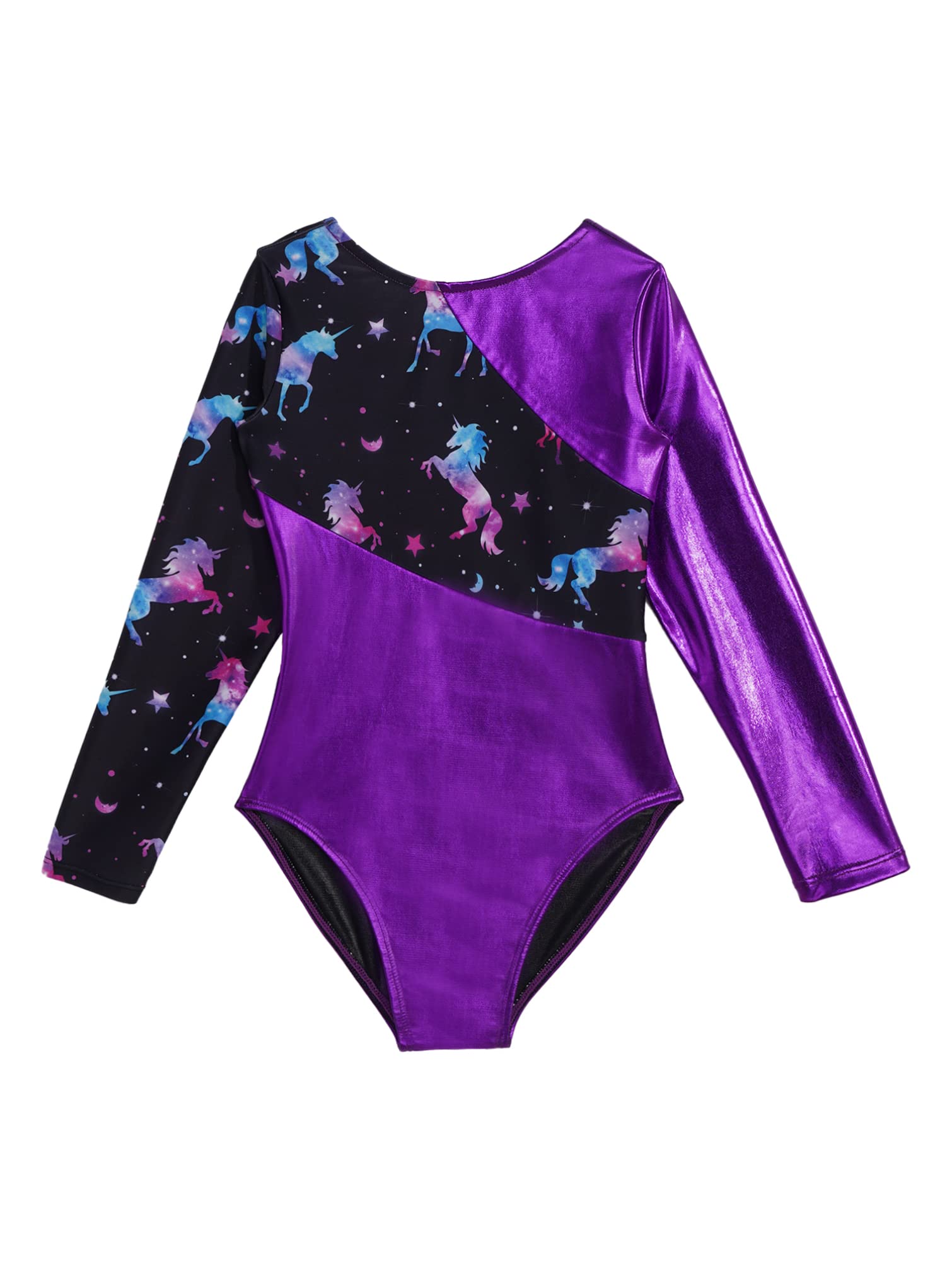 Fldy Kids Girls Shiny Metallic Gymnastics Leotards Long Sleeves Sparkly Ballet Dance Costumes One Piece Bodysuit Dancewear Purple 14 Years