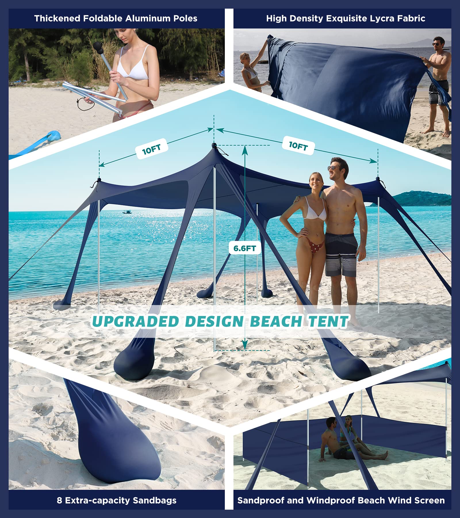 EYEFAME UPF50+ Anti-Wind Beach Tent with Sandproof Private Beach Wind Screen, Stable 8 Sandbags Design Beach Canopy Sun Shade with Carrying Bag, Portable Easy Assemble Sun Shelter for Outdoor Camping