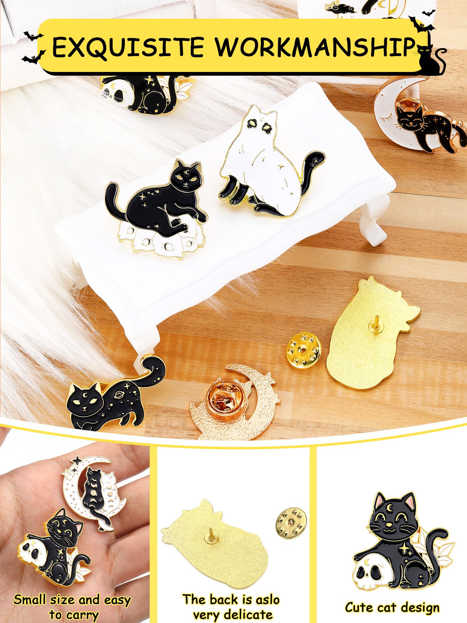 10 Pieces Cat Pins Cute Brooch Pin Set Kawaii Cat Backpack Pin Black Cat Book Brooch Gothic Aesthetic Cat Buttons for Backpacks Clothing Bags Lapel Jackets for Women Men DIY Presents