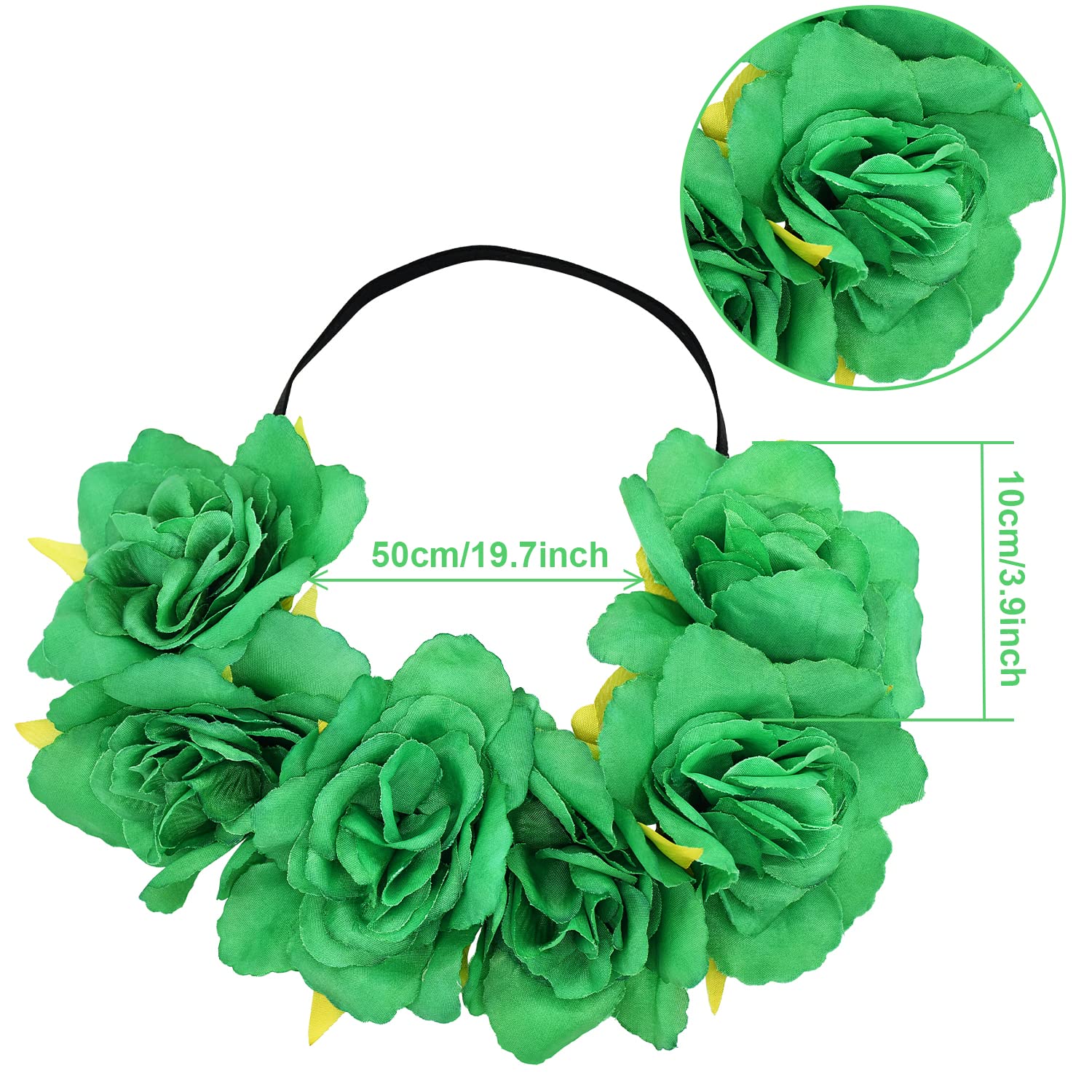 SpinLaLa St Patricks Day Women Headbands - Green Elastic Floral Headbands for Women Girls, Non Slip Bohemian Flower Crown Head Wear (Large Flower)