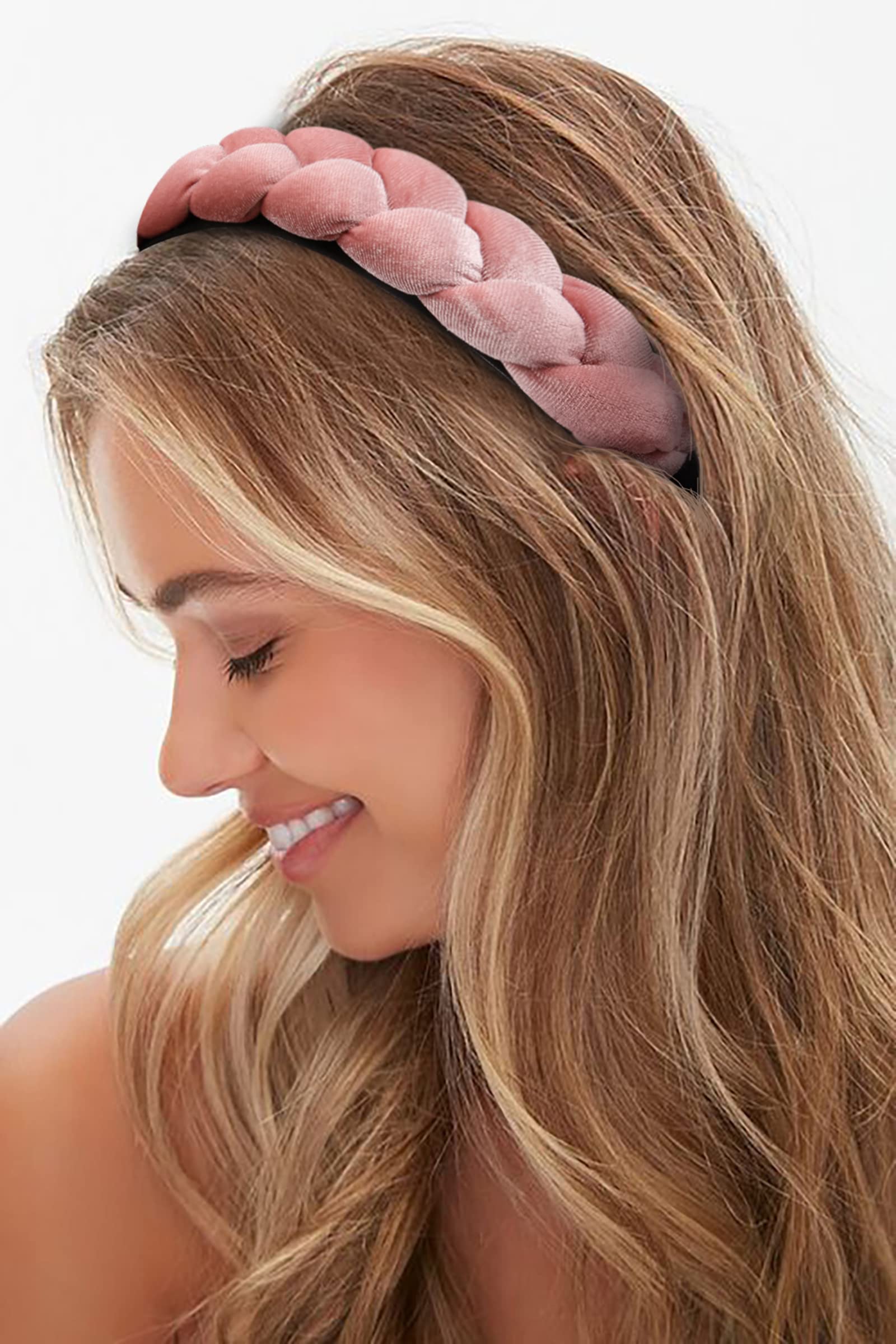 WOVOWOVO Headbands for Women, Non-Slip Soft Solid Thick Wide Solid Color Girls Hair Hoop Velvet Braided Headband's Cute Hair Accessories, Pink