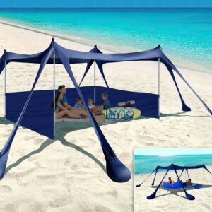 EYEFAME UPF50+ Anti-Wind Beach Tent with Sandproof Private Beach Wind Screen, Stable 8 Sandbags Design Beach Canopy Sun Shade with Carrying Bag, Portable Easy Assemble Sun Shelter for Outdoor Camping