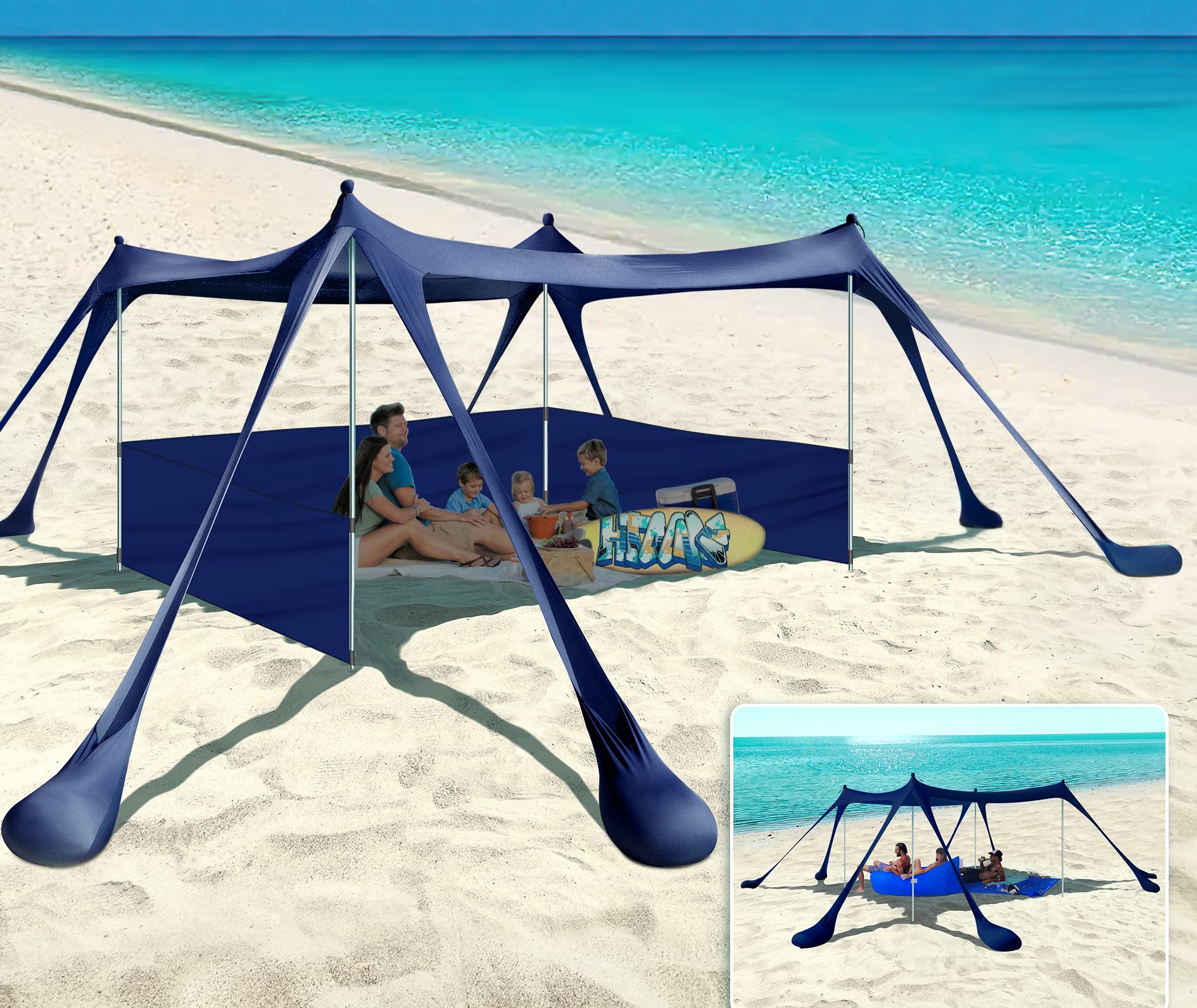 EYEFAME UPF50+ Anti-Wind Beach Tent with Sandproof Private Beach Wind Screen, Stable 8 Sandbags Design Beach Canopy Sun Shade with Carrying Bag, Portable Easy Assemble Sun Shelter for Outdoor Camping