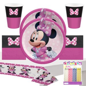 Minnie Mouse Forever Party Supplies Pack Serves 16: 9" Plates Luncheon Napkins Cups and Table Cover with Birthday Candles (Bundle for 16)