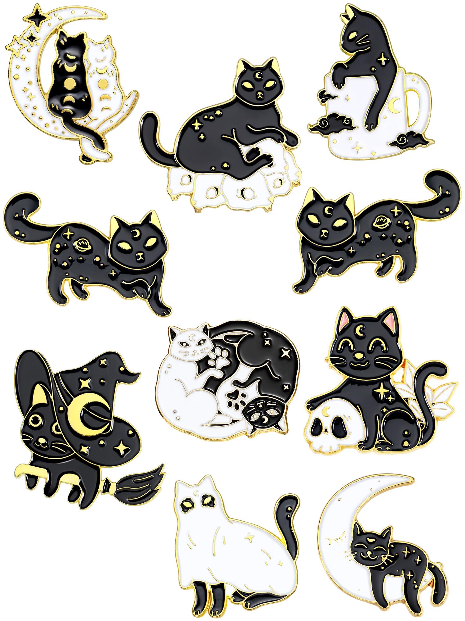 10 Pieces Cat Pins Cute Brooch Pin Set Kawaii Cat Backpack Pin Black Cat Book Brooch Gothic Aesthetic Cat Buttons for Backpacks Clothing Bags Lapel Jackets for Women Men DIY Presents