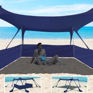 EYEFAME UPF50+ Anti-Wind Beach Tent with Sandproof Private Beach Wind Screen, Stable 8 Sandbags Design Beach Canopy Sun Shade with Carrying Bag, Portable Easy Assemble Sun Shelter for Outdoor Camping