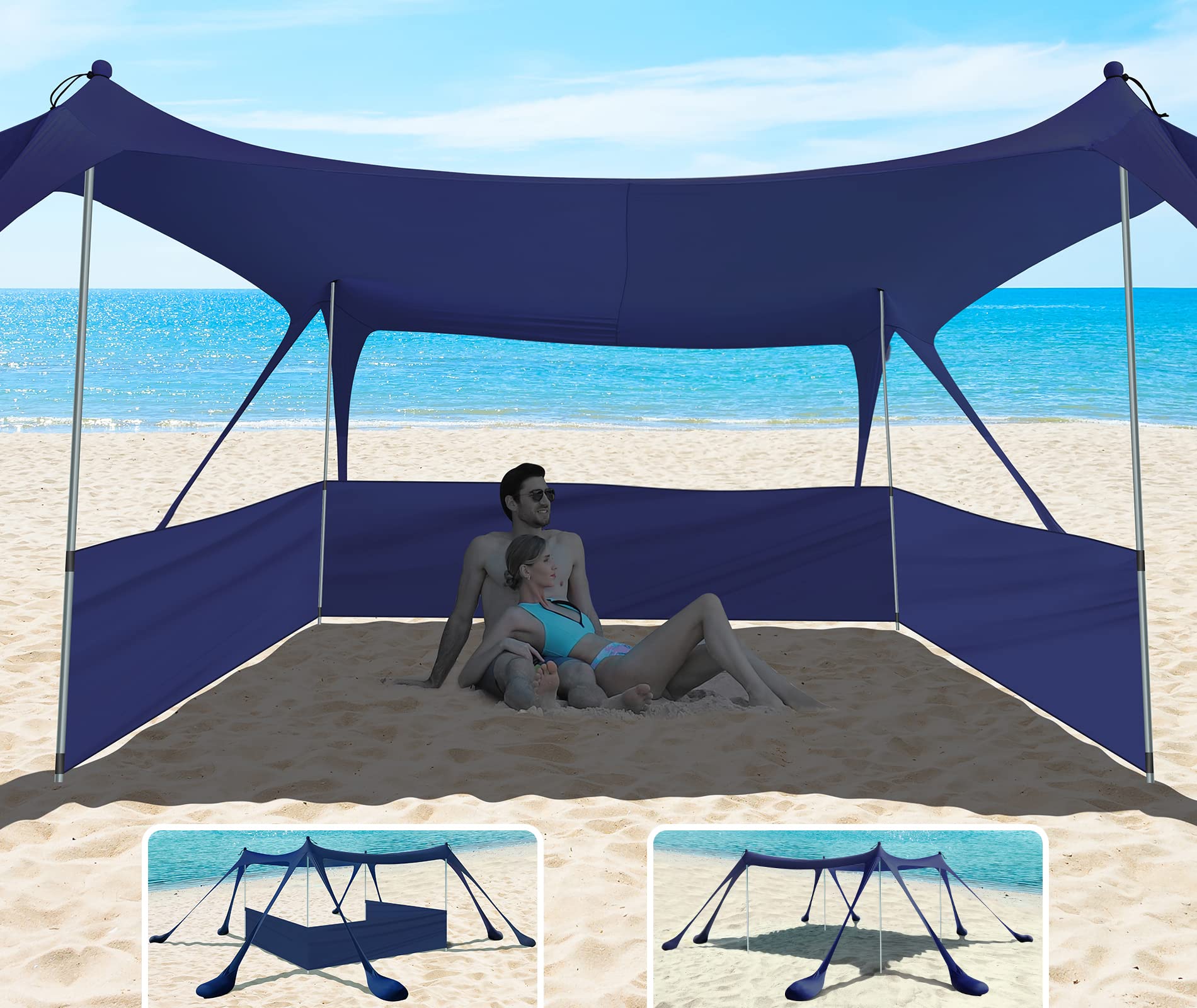 EYEFAME UPF50+ Anti-Wind Beach Tent with Sandproof Private Beach Wind Screen, Stable 8 Sandbags Design Beach Canopy Sun Shade with Carrying Bag, Portable Easy Assemble Sun Shelter for Outdoor Camping