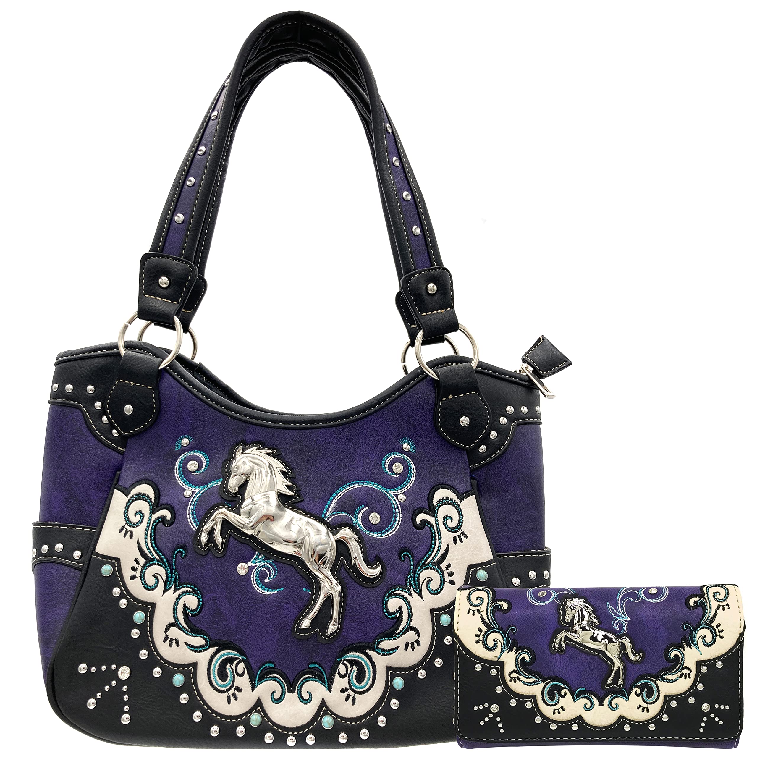 Zelris Western Mustang Horse Turquoise Conceal Carry Women Tote Purse Wallet Set (Purple)