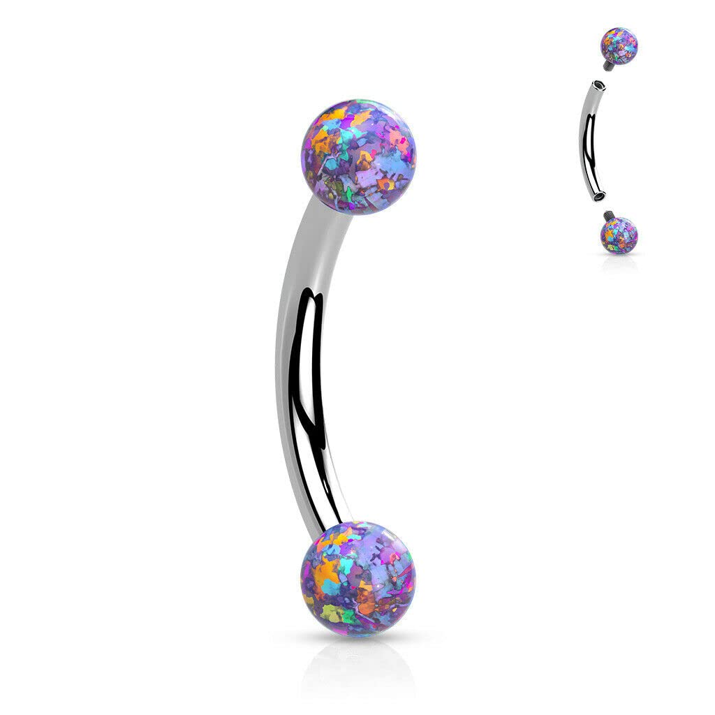 Simulated Opal Surgical Steel Curve Bar Eyebrow Ring Internal Threaded Piercing - Purple