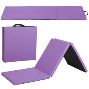 gymnastics mat for kids adults, folding extra thick tumbling mats for home gym, 6’x2’ anti-tear lightweight exercise mat with carrying handles, crash panel mat, purple