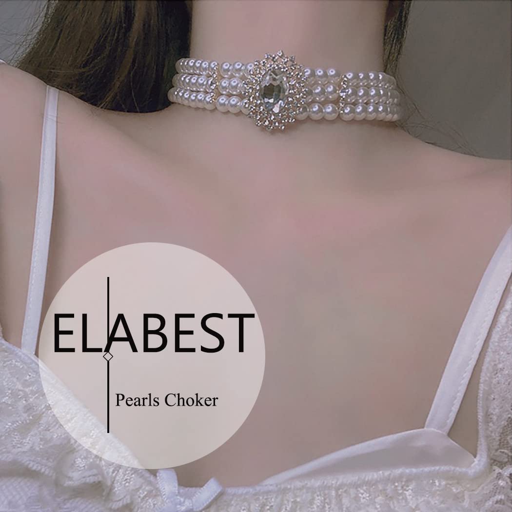 ELABEST Pearl Multi-Row Necklace Sparkly Rhinestone Choker Bling Crystal Layered Chain Dating Birthday Costume Jewelry for Women