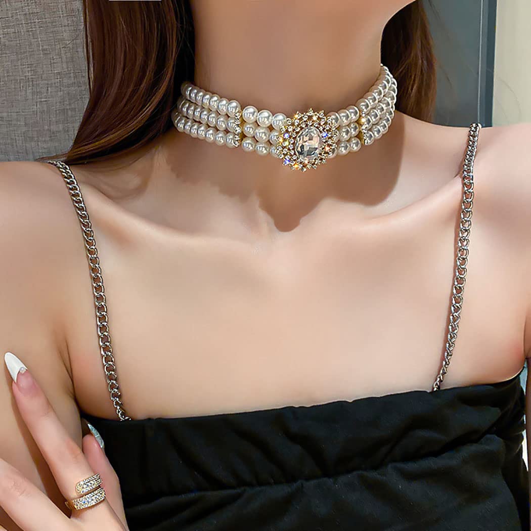 ELABEST Pearl Multi-Row Necklace Sparkly Rhinestone Choker Bling Crystal Layered Chain Dating Birthday Costume Jewelry for Women