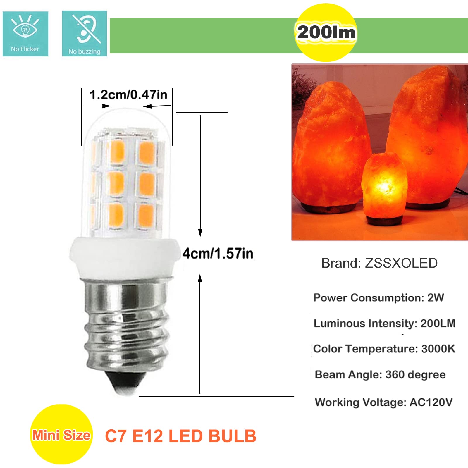 ZSSXOLED C7 E12 LED Bulbs Salt Lamp Light Bulb Replacement for 15W Himalayan Salt Lamps, Night Light Bulbs, Chandeliers, C7 LED Bulbs, 3000K 2Pack