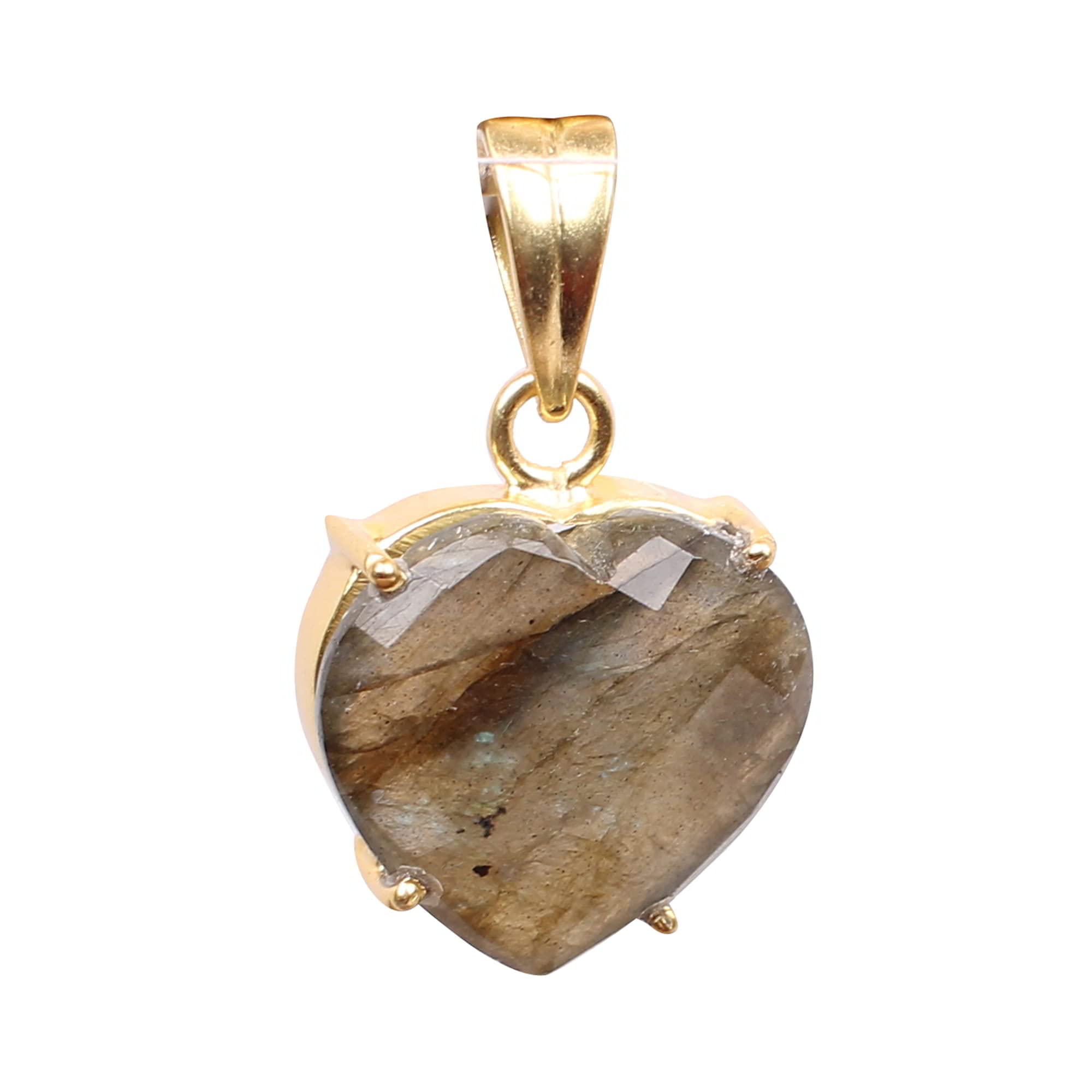 Heart Shape Blue Fire Labradorite Gemstone Gold Plated Brass Pendant, Green (AMZI-1108)