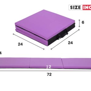 Gymnastics Mat for Kids Adults, Folding Extra Thick Tumbling Mats for Home Gym, 6’x2’ Anti-Tear Lightweight Exercise Mat with Carrying Handles, Crash Panel Mat, Purple