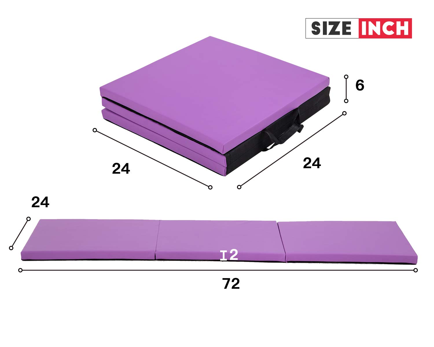 Gymnastics Mat for Kids Adults, Folding Extra Thick Tumbling Mats for Home Gym, 6’x2’ Anti-Tear Lightweight Exercise Mat with Carrying Handles, Crash Panel Mat, Purple