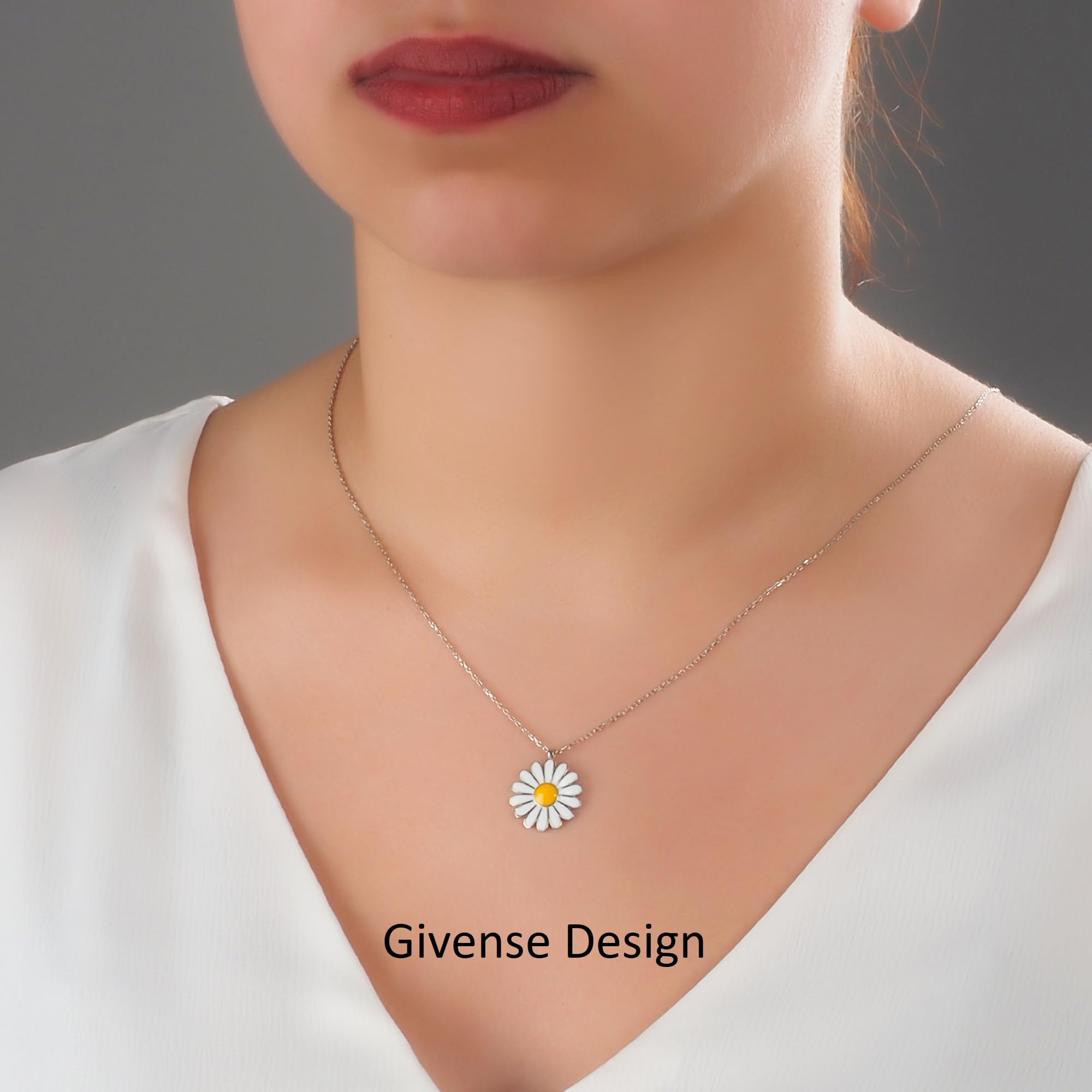 Givense White Daisy Necklace 925 Sterling Silver Flower Necklace Valentine's Day Special white yellow