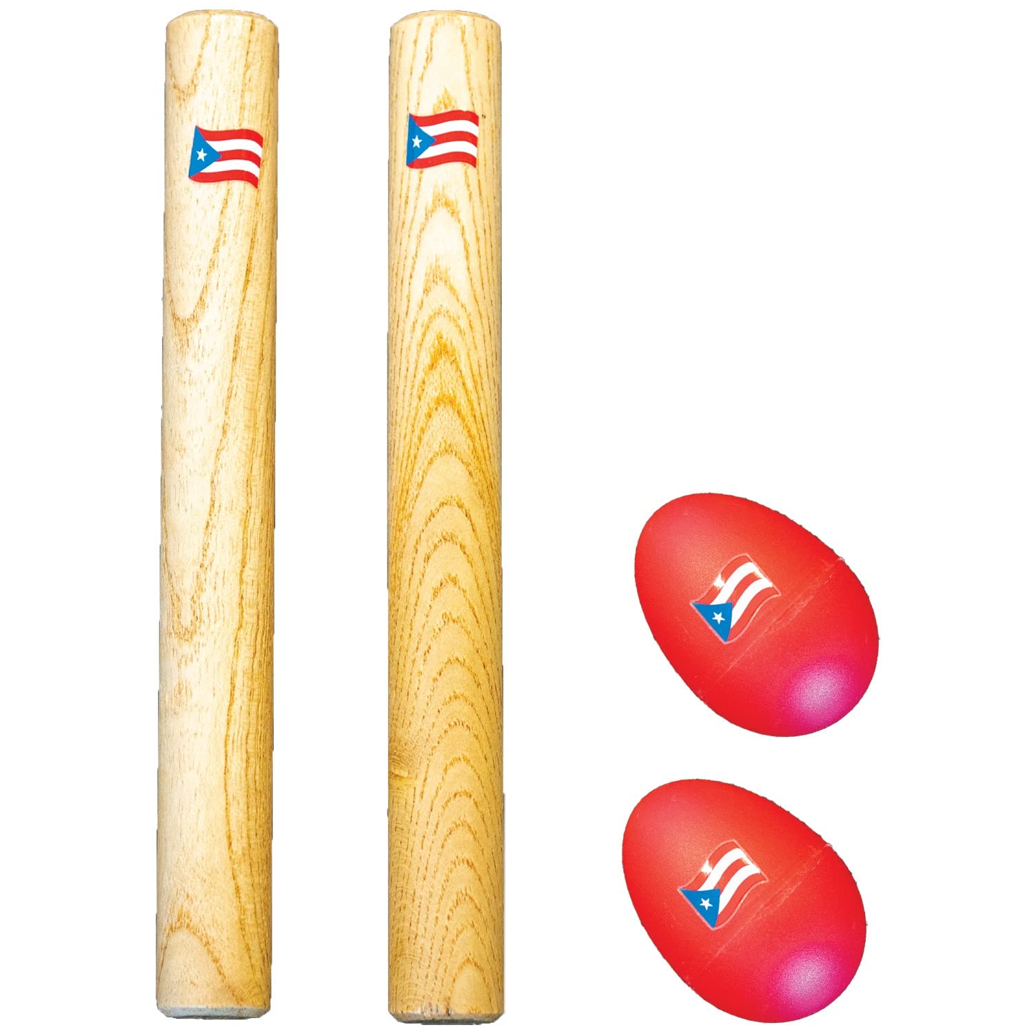 Hand Percussion Musical Instrument Set Puerto Rico Flag - Include: 1 Pair 8 Inch Rhythm Sticks Wood Claves and 1 Pair Egg Shakers (SHAKERS: RED)