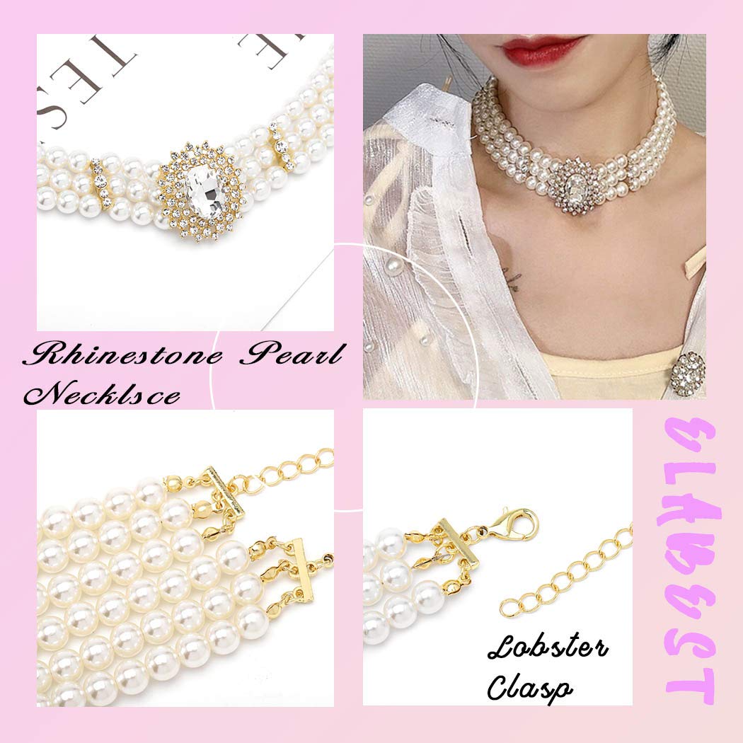 ELABEST Pearl Multi-Row Necklace Sparkly Rhinestone Choker Bling Crystal Layered Chain Dating Birthday Costume Jewelry for Women