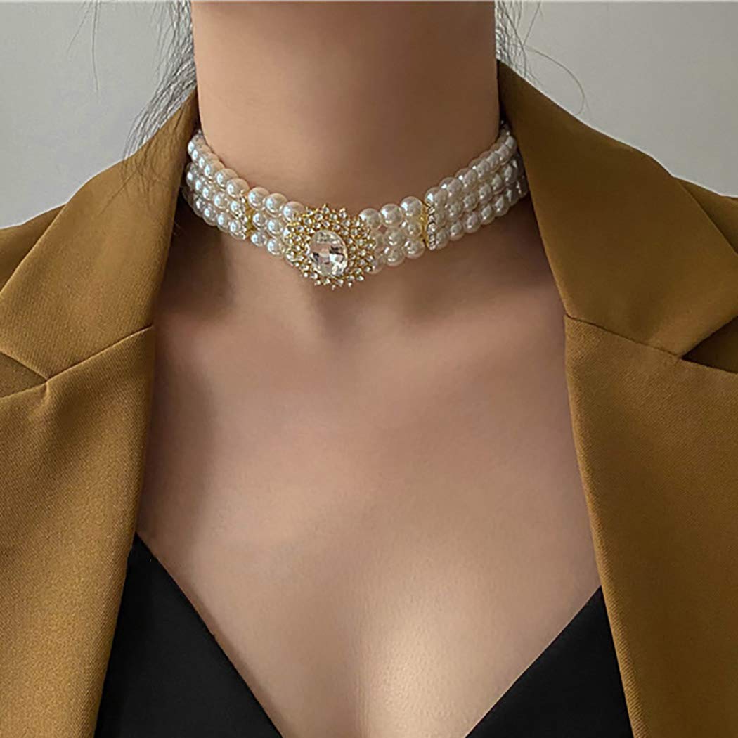 ELABEST Pearl Multi-Row Necklace Sparkly Rhinestone Choker Bling Crystal Layered Chain Dating Birthday Costume Jewelry for Women