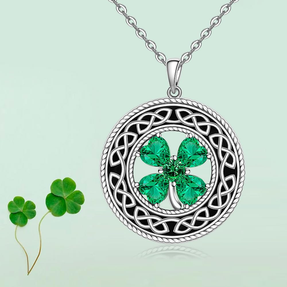 Celtic Knot Shamrock Necklace for Women Sterling Silver St Patricks Day Four Leaf Clover Necklace Good Luck Pendant CZ Jewelry Infinity Valentines Day Necklaces for Her Gifts