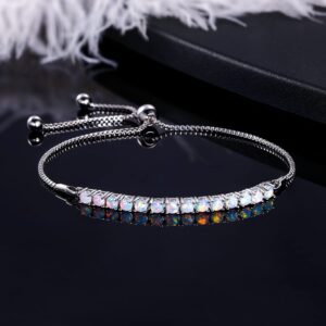 MDFUN Bracelet for Women 18k White Gold Plated Created Round Opal Simple Adjustable Tennis Opal Bracelet