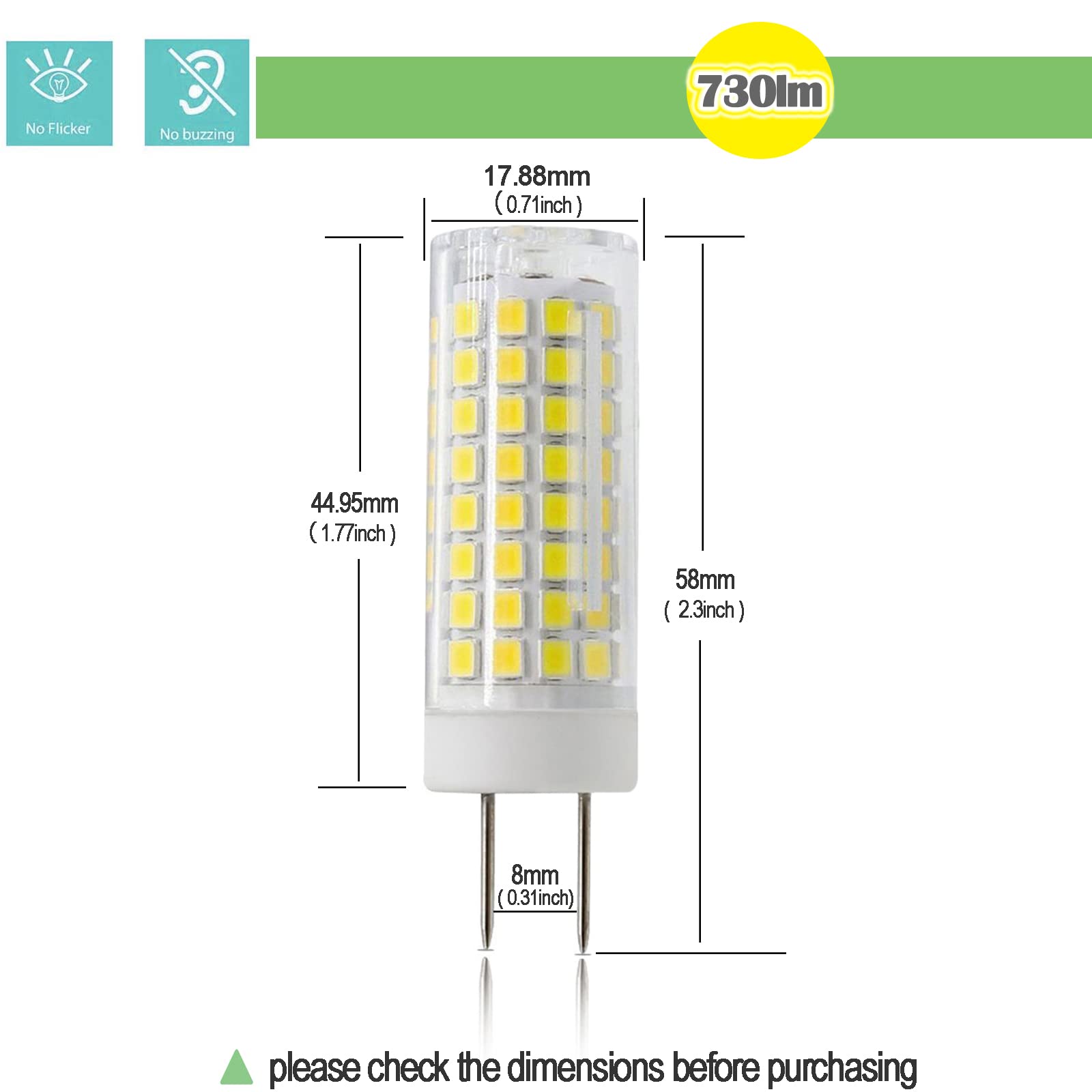 G8 LED Bulb Dimmable 7W Equivalent to G8 Halogen Bulb 75W-80W, GY8.6 /G8 Bi-Pin Base Light Bulb AC 120V G8 Bulb for Under Cabinet Light, Under Counter Kitchen Lighting White 6000K 2Pack