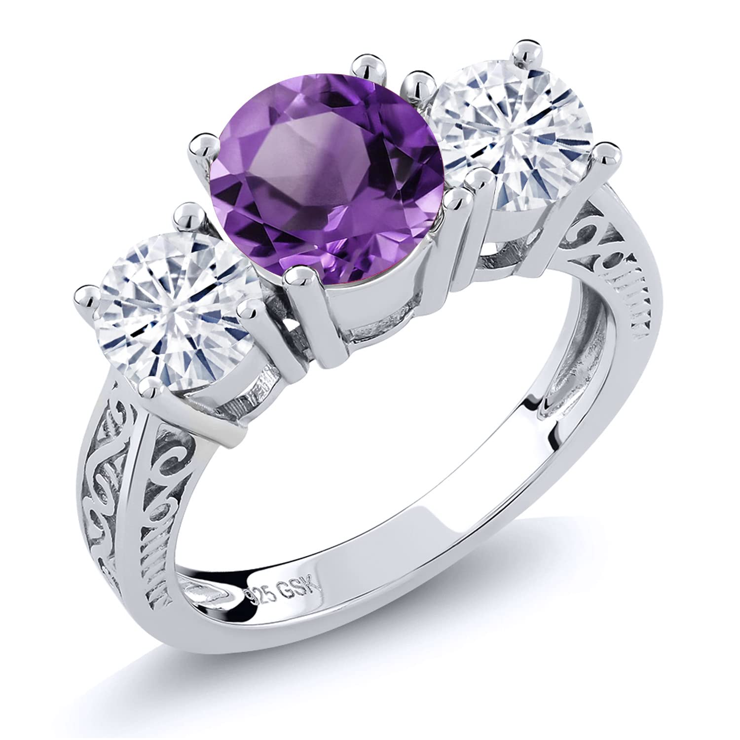 Gem Stone King 925 Sterling Silver Round Purple Amethyst and White Moissanite 3-Stone Ring For Women (2.20 Cttw, Gemstone Birthstone, Available In Size 5, 6, 7, 8, 9)