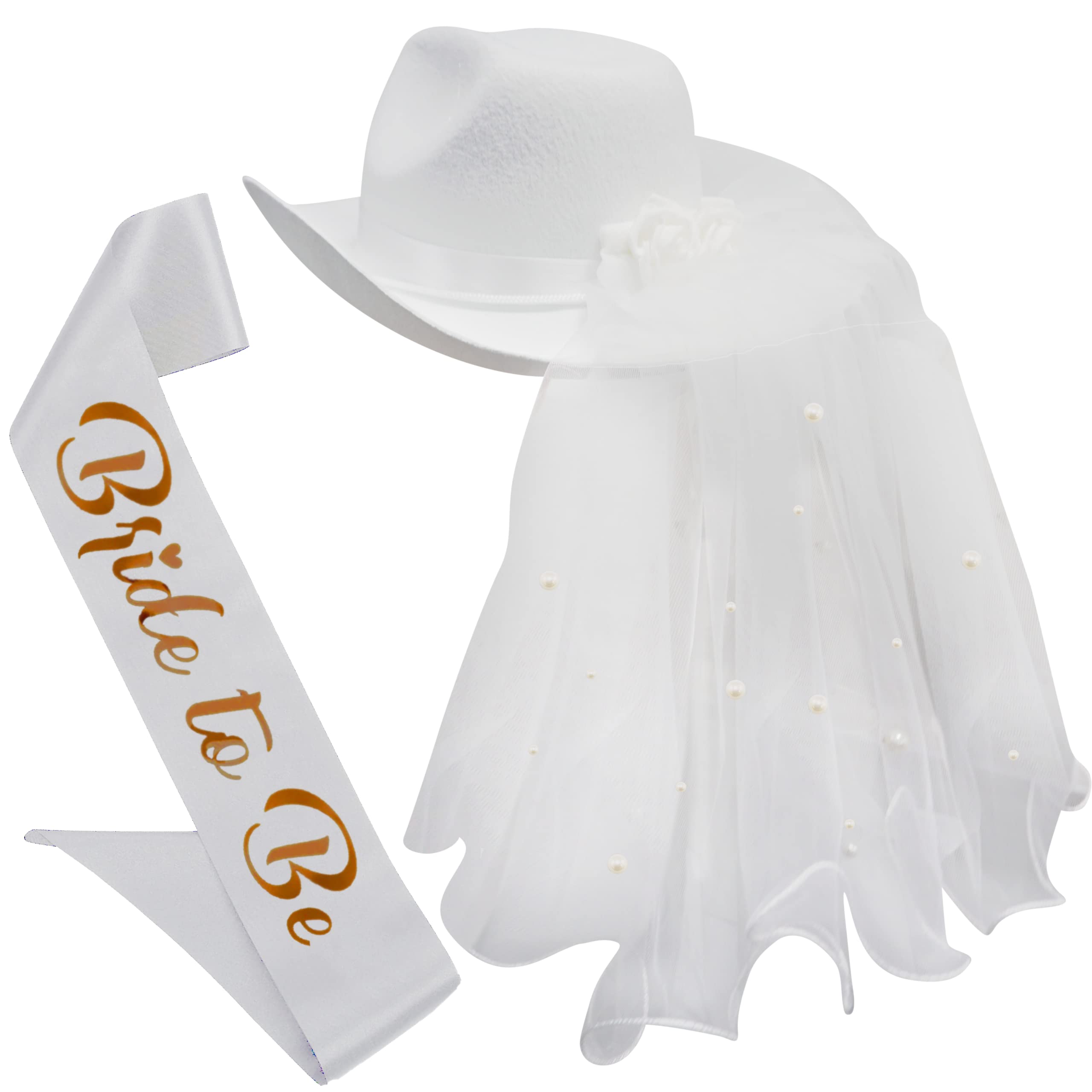 4E's Novelty Bride Cowgirl Hat with Veil & Sash - Women White Cowboy Hat Bachelorette Party, Bridal Shower Dress Up