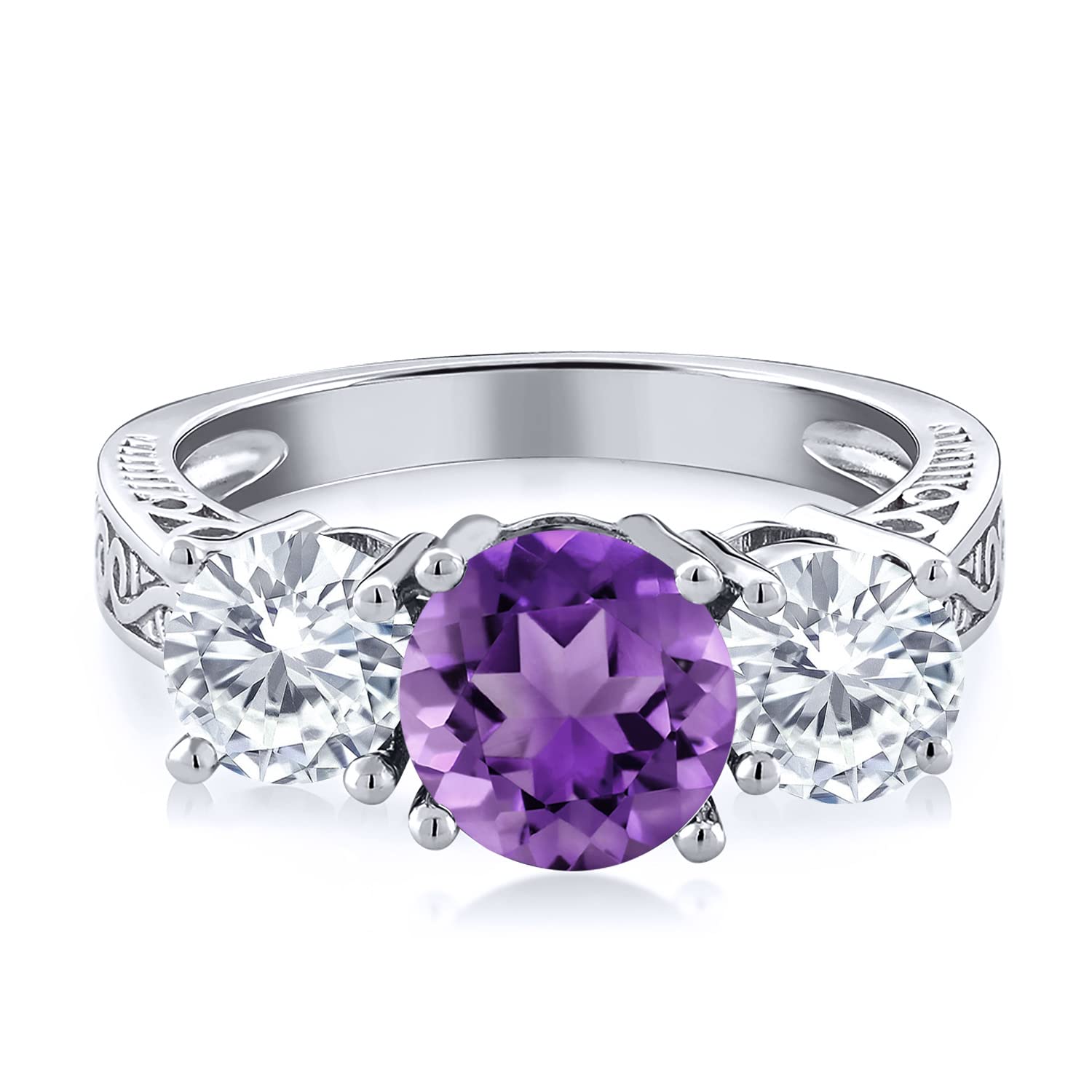 Gem Stone King 925 Sterling Silver Round Purple Amethyst and White Moissanite 3-Stone Ring For Women (2.20 Cttw, Gemstone Birthstone, Available In Size 5, 6, 7, 8, 9)