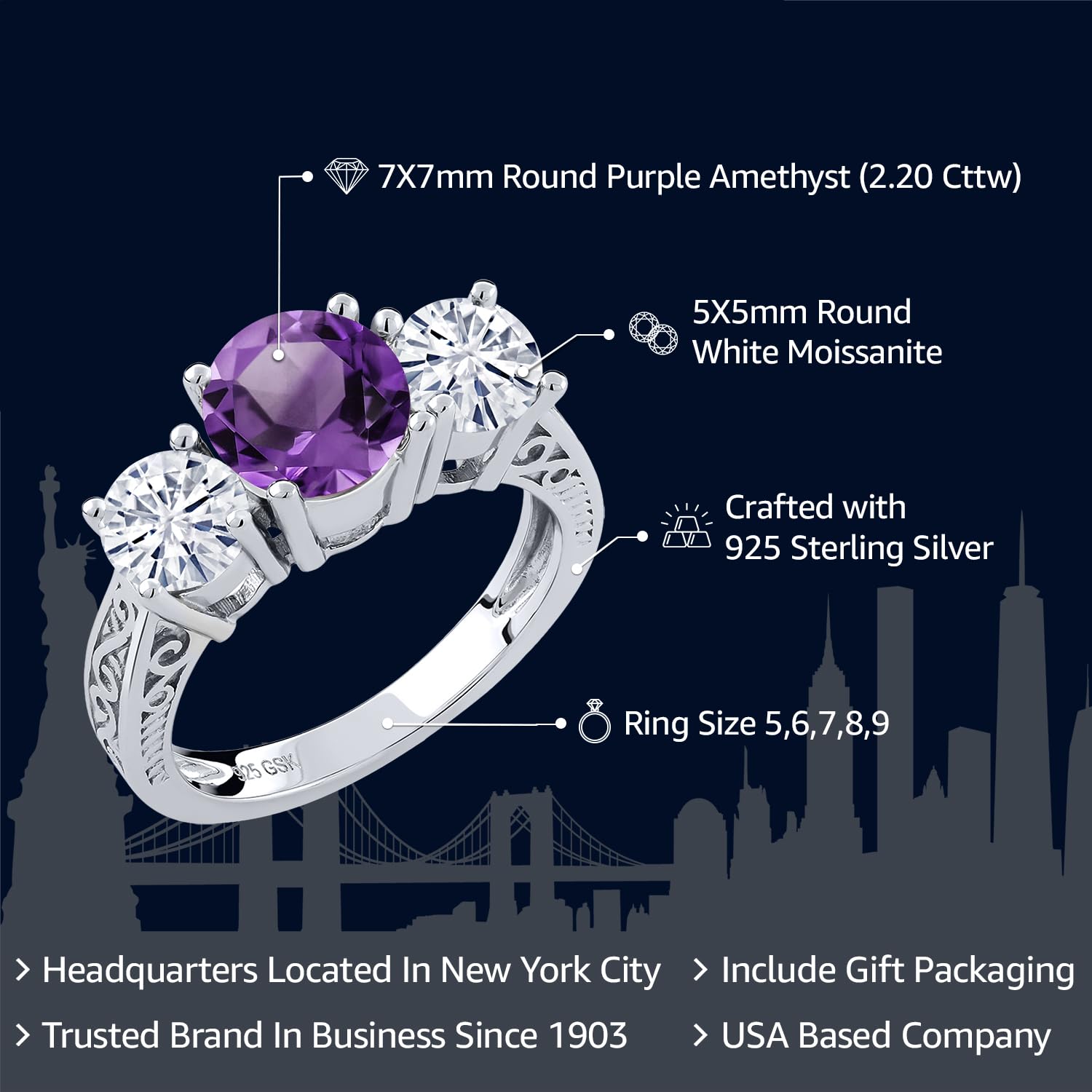 Gem Stone King 925 Sterling Silver Round Purple Amethyst and White Moissanite 3-Stone Ring For Women (2.20 Cttw, Gemstone Birthstone, Available In Size 5, 6, 7, 8, 9)