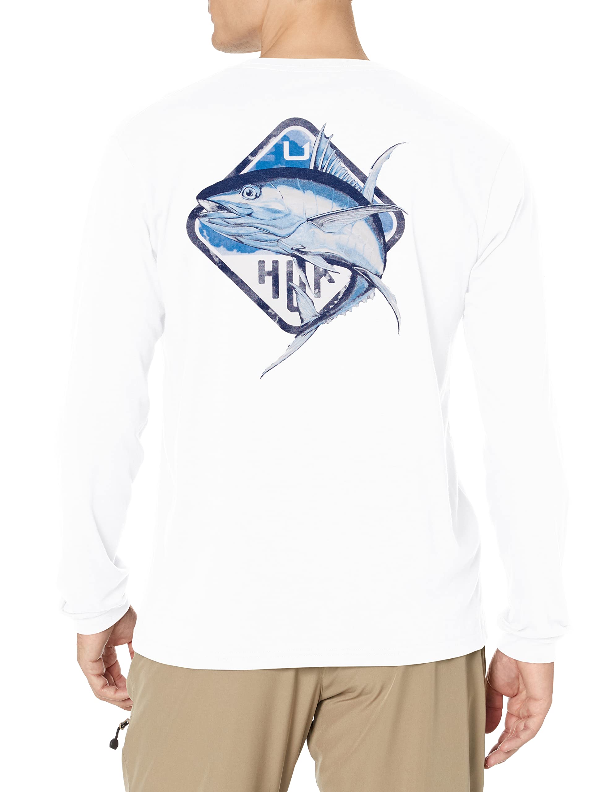 HUK Men's Standard Pocket Tee | Long Sleeved Fishing T-Shirt, Big Tuna-White, X-Large