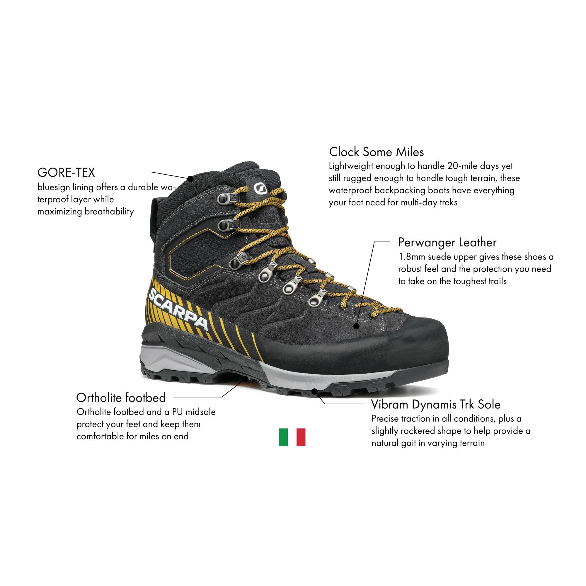 SCARPA Men's Mescalito Trk GTX Waterproof Gore-Tex Boots for Hiking and Backpacking - Dark Anthracite/Mustard - 11-11.5