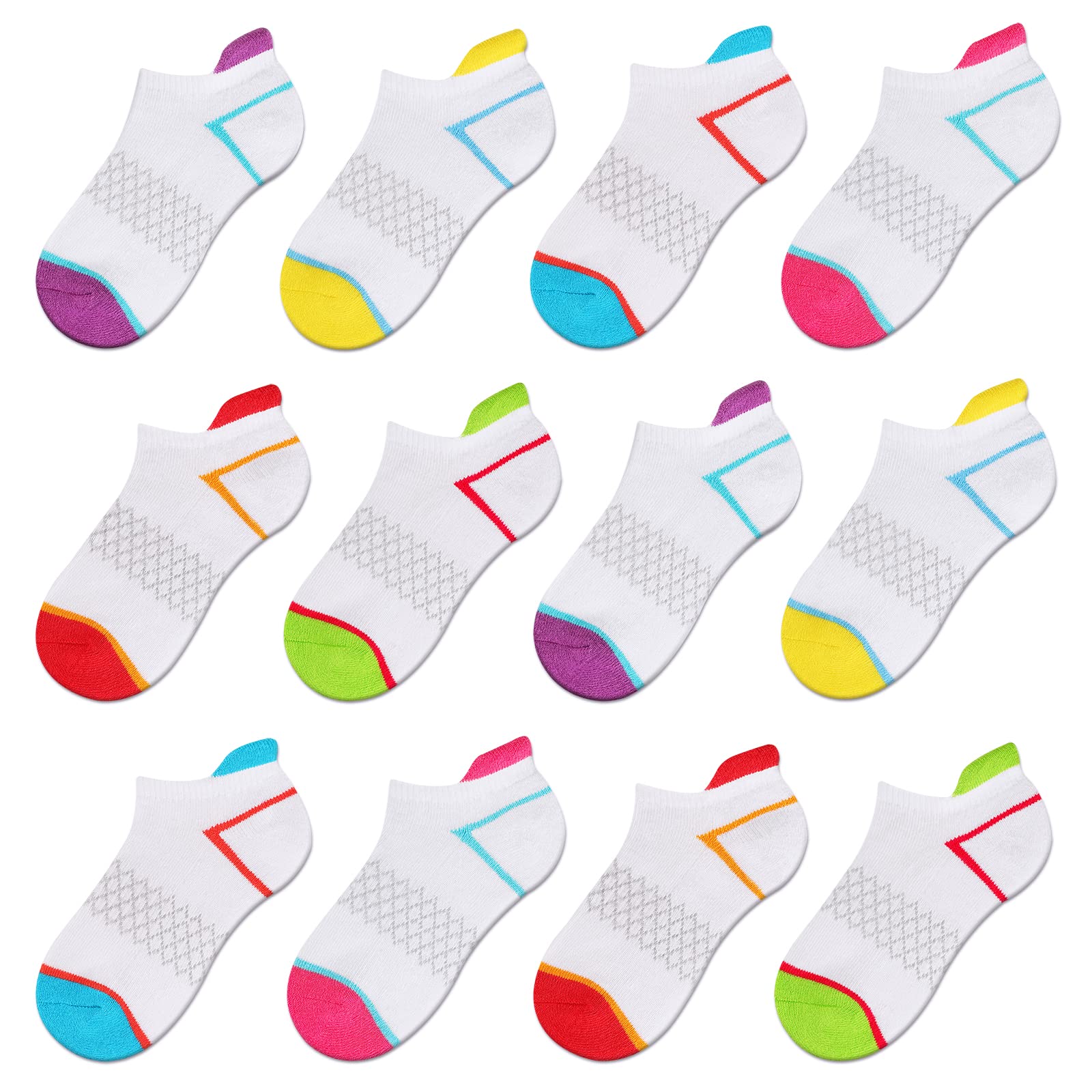 Comfoex 12 Pairs Girls Socks Ankle Athletic Socks Cotton Sports Socks With Cushioned Sole For Big Little Kids,Big Kid